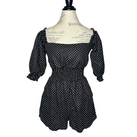 WeWoreWhat | Women | 100% Linen Black Polka Dot Smocked Short Romper | Large - Picture 2 of 16